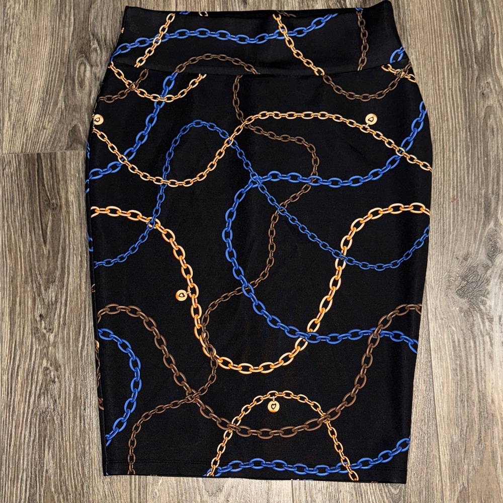 Thalia Sodi Black Skirt with Blue and Gold Chain Print